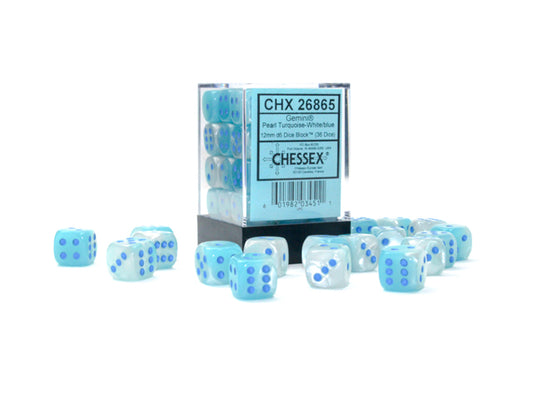 Chessex: Gemini Pearl Turquoise-White/blue Luminary 12mm d6 Dice Block (36 dice)