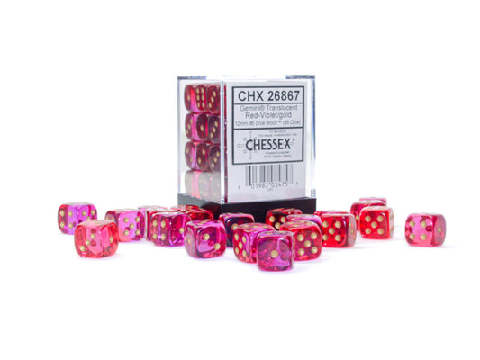 Chessex: Gemini Translucent Red-Violet/gold 12mm d6 Dice Block (36 dice)