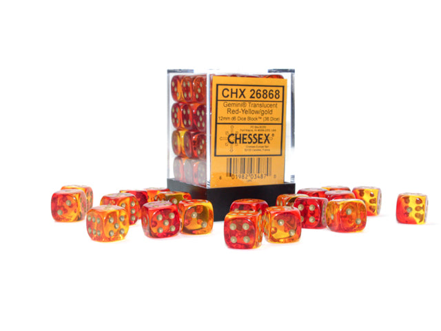 Chessex: Gemini Translucent Red-Yellow/gold 12mm d6 Dice Block (36 dice)