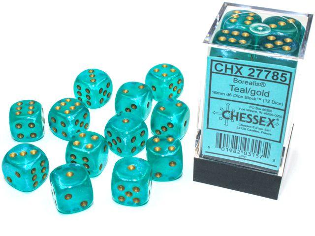 Chessex: Borealis Teal/gold Luminary 16mm d6 Dice Block