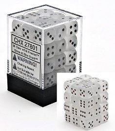 Chessex: Frosted Clear/black 12mm d6 Dice Block (36 dice)