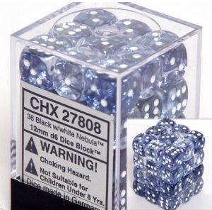 Chessex: Nebula Black/white 12mm d6 Dice Block (36 dice)