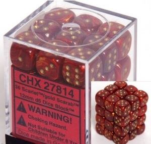 Chessex: Scarab Scarlet/gold 12mm d6 Dice Block (36 dice)