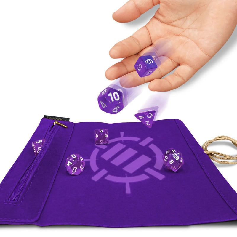 Roll on a Scroll™ Dice Rolling Mat & 7pc Acrylic Dice Set Purple