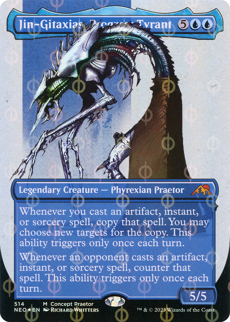 Jin-Gitaxias, Progress Tyrant (Borderless Concept Praetors Step-and-Compleat Foil) [Phyrexia: All Will Be One] | The Clever Kobold