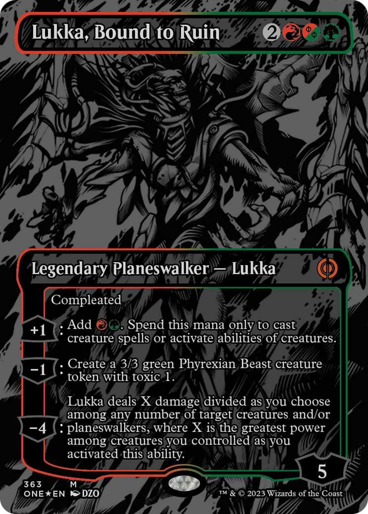 Lukka, Bound to Ruin (Oil Slick Raised Foil) [Phyrexia: All Will Be One] | The Clever Kobold