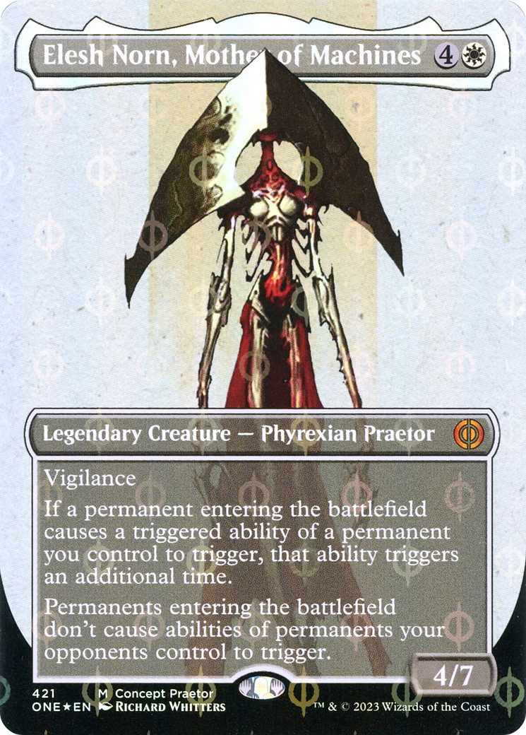 Elesh Norn, Mother of Machines (Borderless Concept Praetors Step-and-Compleat Foil) [Phyrexia: All Will Be One] | The Clever Kobold