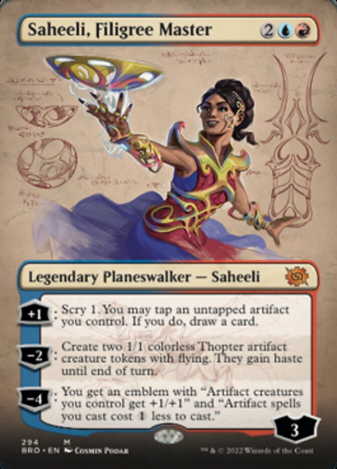 Saheeli, Filigree Master (Borderless Alternate Art) [The Brothers' War] | The Clever Kobold