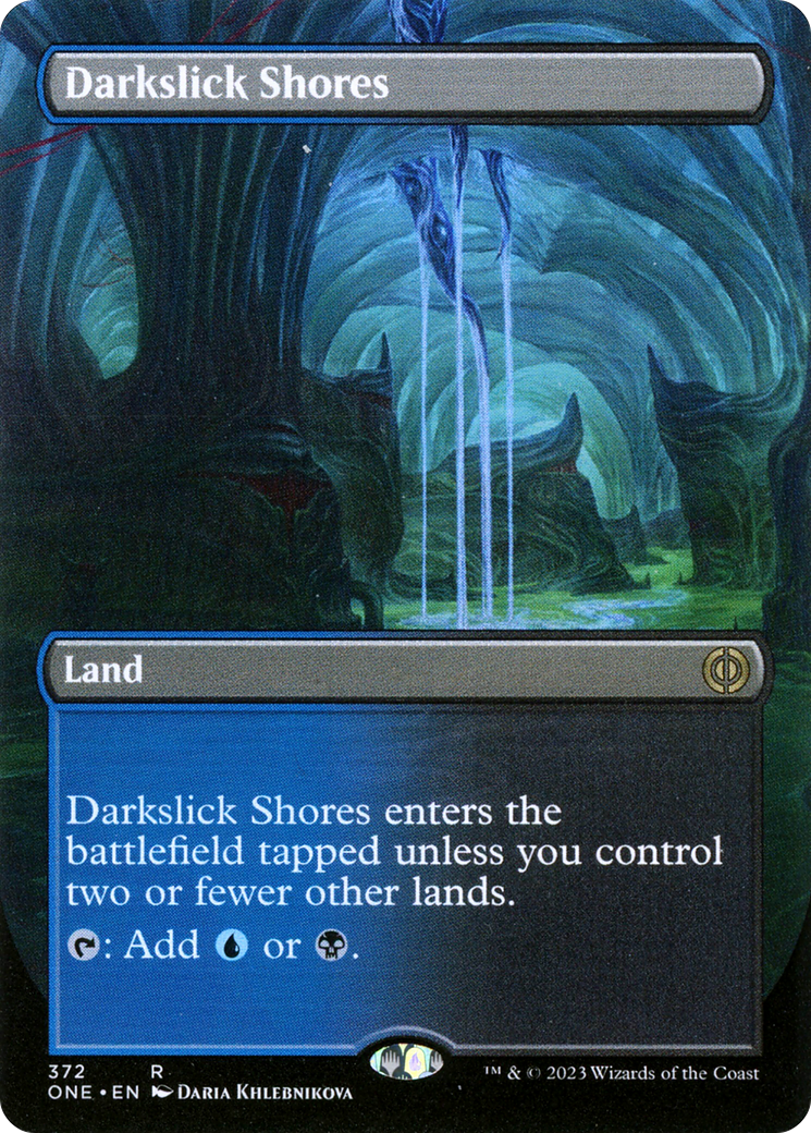 Darkslick Shores (Borderless Alternate Art) [Phyrexia: All Will Be One] | The Clever Kobold