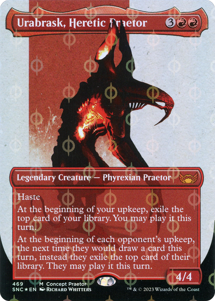 Urabrask, Heretic Praetor (Borderless Concept Praetors Step-and-Compleat Foil) [Phyrexia: All Will Be One] | The Clever Kobold