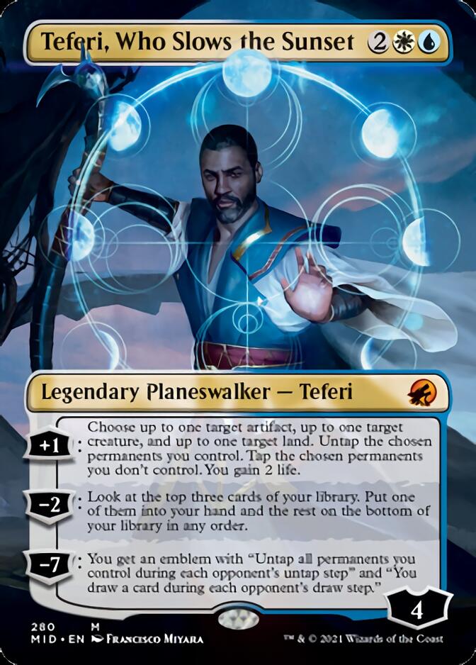 Teferi, Who Slows the Sunset (Borderless) [Innistrad: Midnight Hunt] | The Clever Kobold