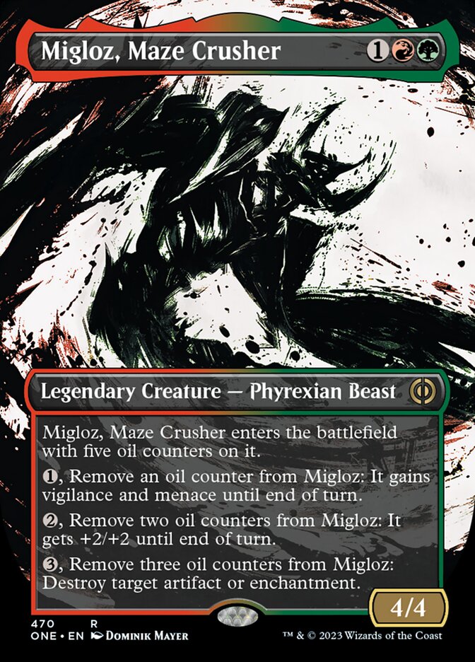 Migloz, Maze Crusher (Borderless Ichor Step-and-Compleat Foil) [Phyrexia: All Will Be One] | The Clever Kobold